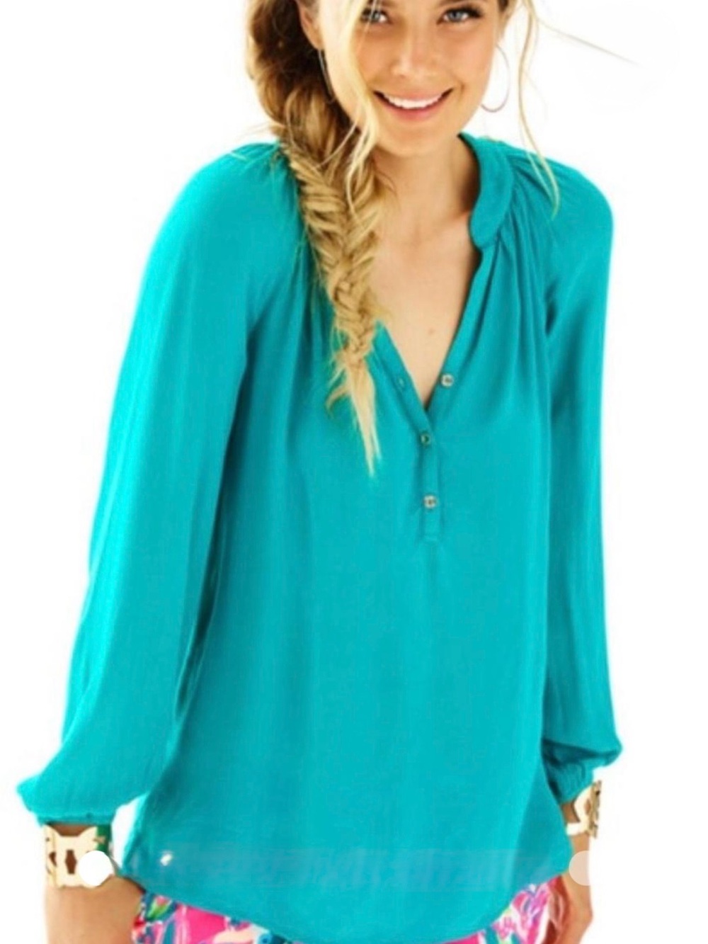 Lilly Pulitzer Teal Long-Sleeve Henley Blouse